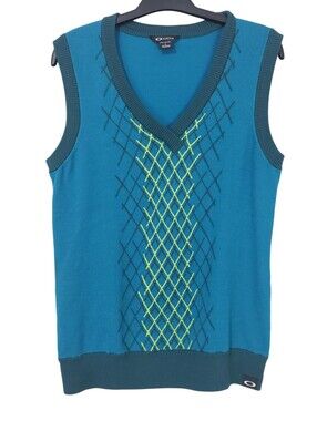 Oakley Golf Top Hill V-Neck Knit Sweater Vest Teal Blue / Neon Green L